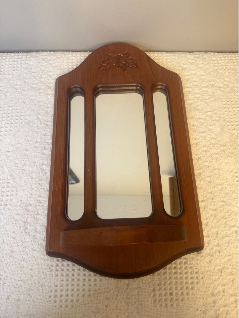 Vintage wooden entryway mirror with shelf with floral carved design